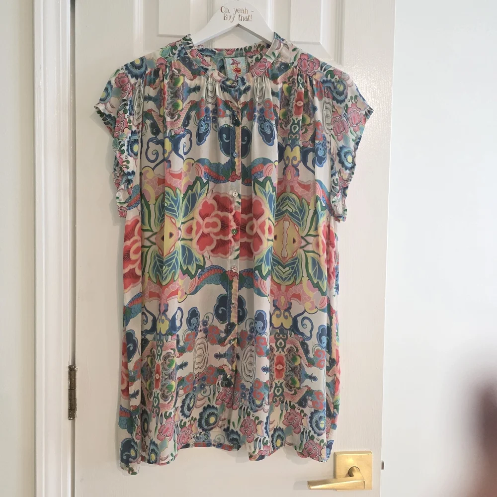 SUPER CLEAN Johnny Was Short Sleeve Button Front Printed Blouse Size Large - Picture 1 of 7